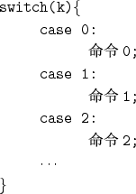 \begin{figure}{\tt
\hspace*{1cm}switch(k)\{\\
\hspace*{1cm}\hspace*{1cm}case 0:...
... 命令2;\\
\hspace*{1cm}\hspace*{1cm}$\cdots$\\
\hspace*{1cm}\}
}\end{figure}